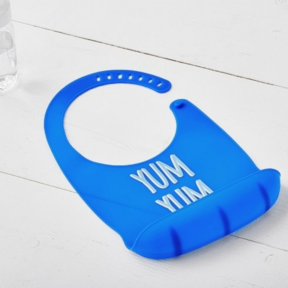 Baby Silicone bib "Yum Yum" blue Pottery Barn NEw